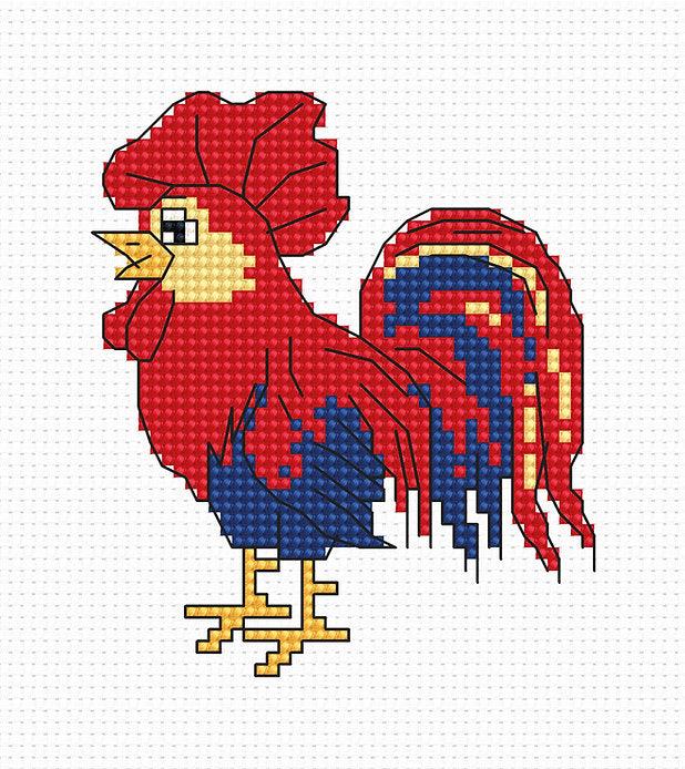 Cock B082L Counted Cross-Stitch Kit featuring Aida canvas, Anchor threads, and needle, perfect for crafting.